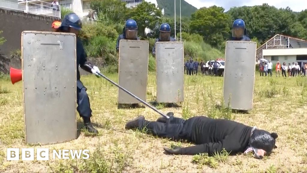 Man dons bear costume in Japan Police animal attack drill