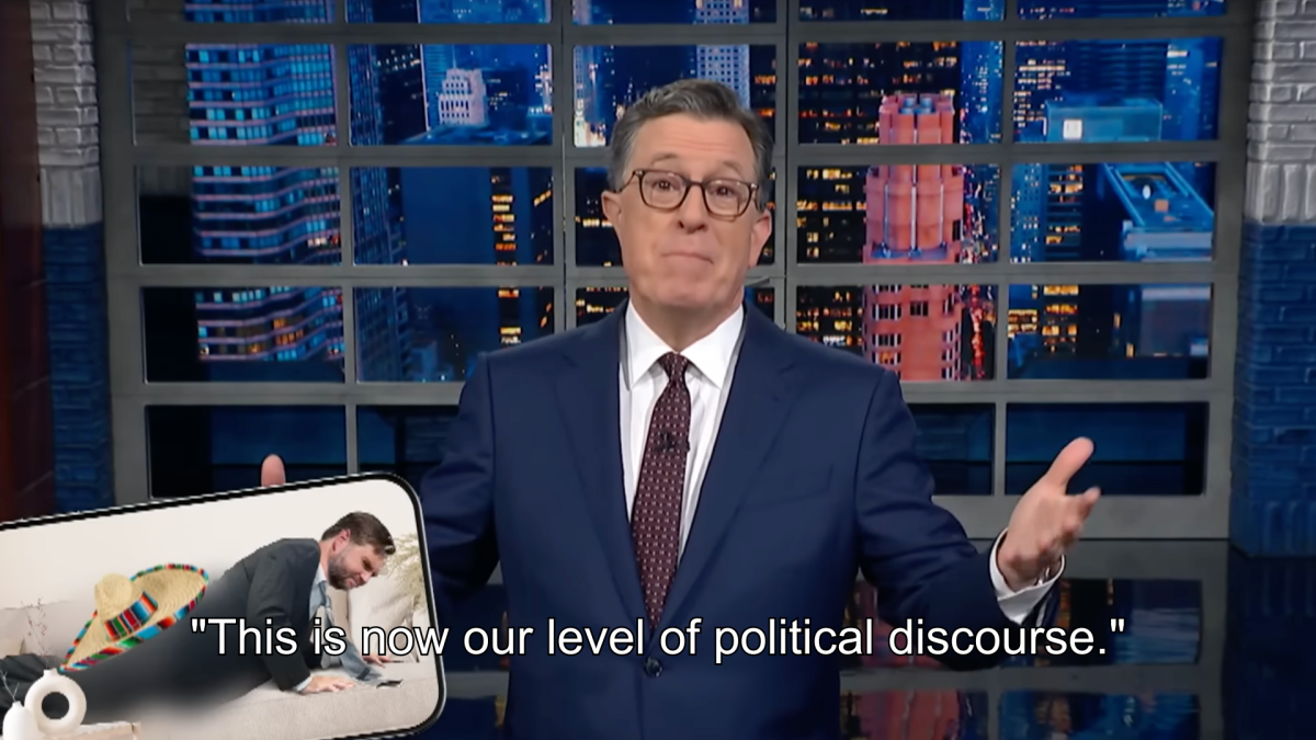 Stephen Colbert reacts to Trump’s AI-generated sombrero video, counters with JD Vance and a couch